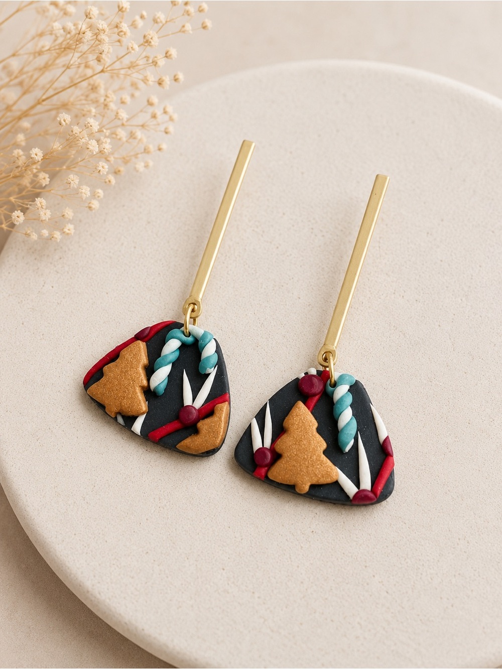 Festive Black & Gold Tree Drop Earrings